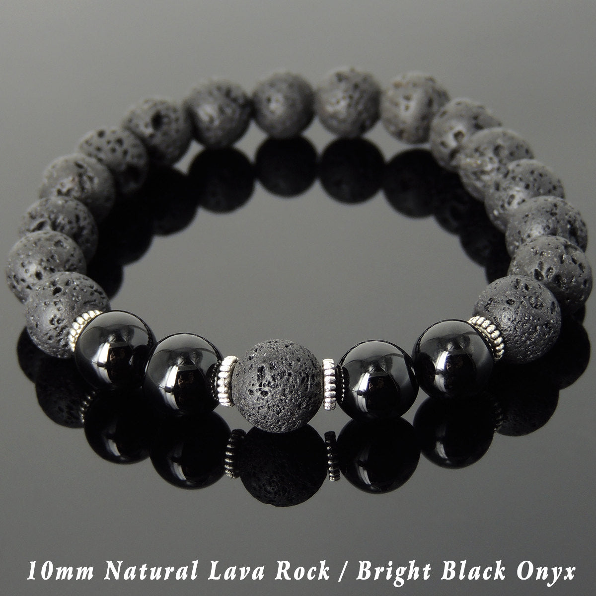 10mm Bright Black Onyx & Lava Rock Healing Stone Bracelet with Tibetan Silver Spacers - Handmade by Gem & Silver TSB282