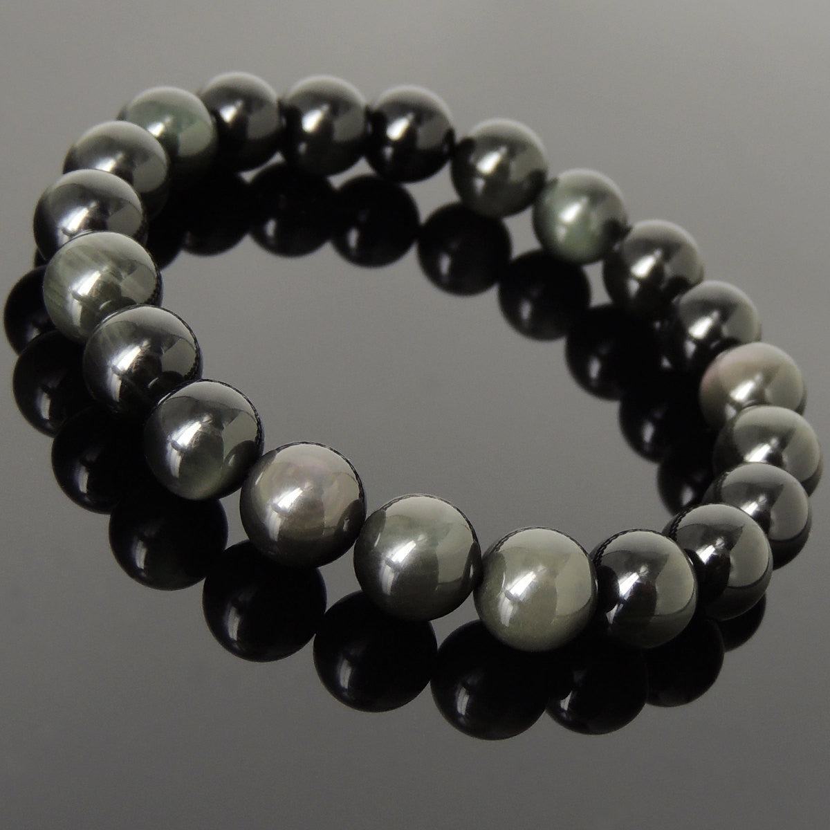 Top-grade Handmade Natural Rainbow Black Obsidian Gemstone Bracelet with 10mm Beads