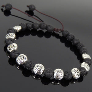 6mm Lava Rock Adjustable Braided Stone Bracelet with Tibetan Silver Engraved Lotus Beads - Handmade by Gem & Silver TSB239