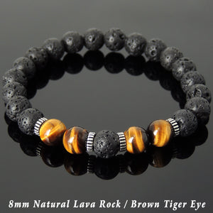 8mm Brown Tiger Eye & Lava Rock Healing Stone Bracelet with S925 Sterling Silver Spacers - Handmade by Gem & Silver BR1000