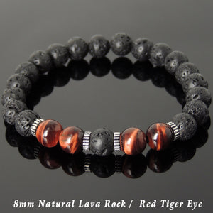 Lava Rock & Red Tiger Eye Healing Gemstone Bracelet with S925 Sterling Silver Spacers - Handmade by Gem & Silver BR1001