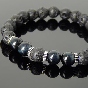 8mm Blue Tiger Eye & Lava Rock Healing Stone Bracelet with S925 Sterling Silver Spacers - Handmade by Gem & Silver BR1002