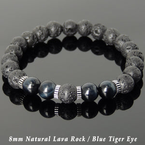 8mm Blue Tiger Eye & Lava Rock Healing Stone Bracelet with S925 Sterling Silver Spacers - Handmade by Gem & Silver BR1002