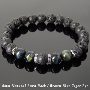 8mm Brown Blue Tiger Eye & Lava Rock Healing Stone Bracelet with S925 Sterling Silver Spacers - Handmade by Gem & Silver BR1003