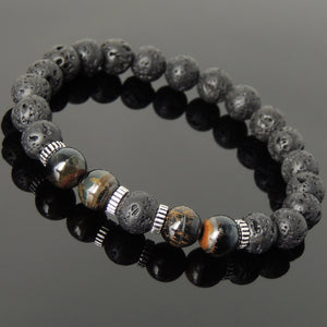 8mm Rare Mixed Blue Tiger Eye & Lava Rock Healing Stone Bracelet with S925 Sterling Silver Spacers - Handmade by Gem & Silver BR1004