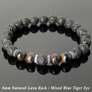 8mm Rare Mixed Blue Tiger Eye & Lava Rock Healing Stone Bracelet with S925 Sterling Silver Spacers - Handmade by Gem & Silver BR1004