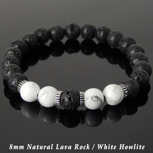8mm White Howlite & Lava Rock Healing Stone Bracelet with S925 Sterling Silver Spacers - Handmade by Gem & Silver BR1008
