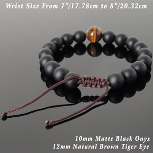 12mm Brown Tiger Eye & 10mm Matte Black Onyx Adjustable Braided Gemstone Bracelet - Handmade by Gem & Silver BR1047
