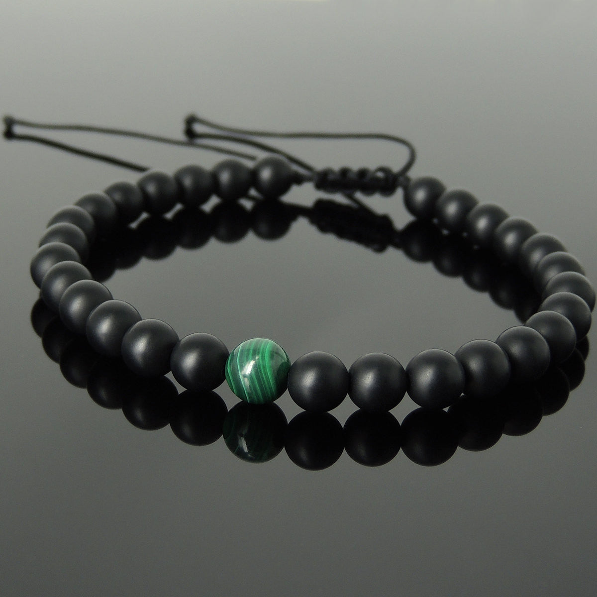 Malachite & Matte Black Onyx Adjustable Braided Gemstone Bracelet - Handmade by Gem & Silver BR1052
