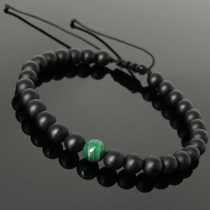 Malachite & Matte Black Onyx Adjustable Braided Gemstone Bracelet - Handmade by Gem & Silver BR1052