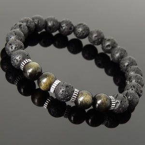 8mm Golden Obsidian & Lava Rock Healing Stone Bracelet with S925 Sterling Silver Spacers - Handmade by Gem & Silver BR1012