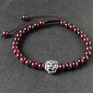 5.5mm Grade AAA Garnet Adjustable Braided Bracelet with Tibetan Silver Lion Head Courage Bead - Handmade by Gem & Silver TSB285