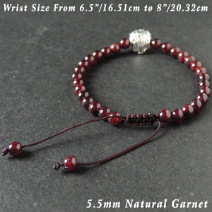 5.5mm Grade AAA Garnet Adjustable Braided Bracelet with Tibetan Silver Lion Head Courage Bead - Handmade by Gem & Silver TSB285