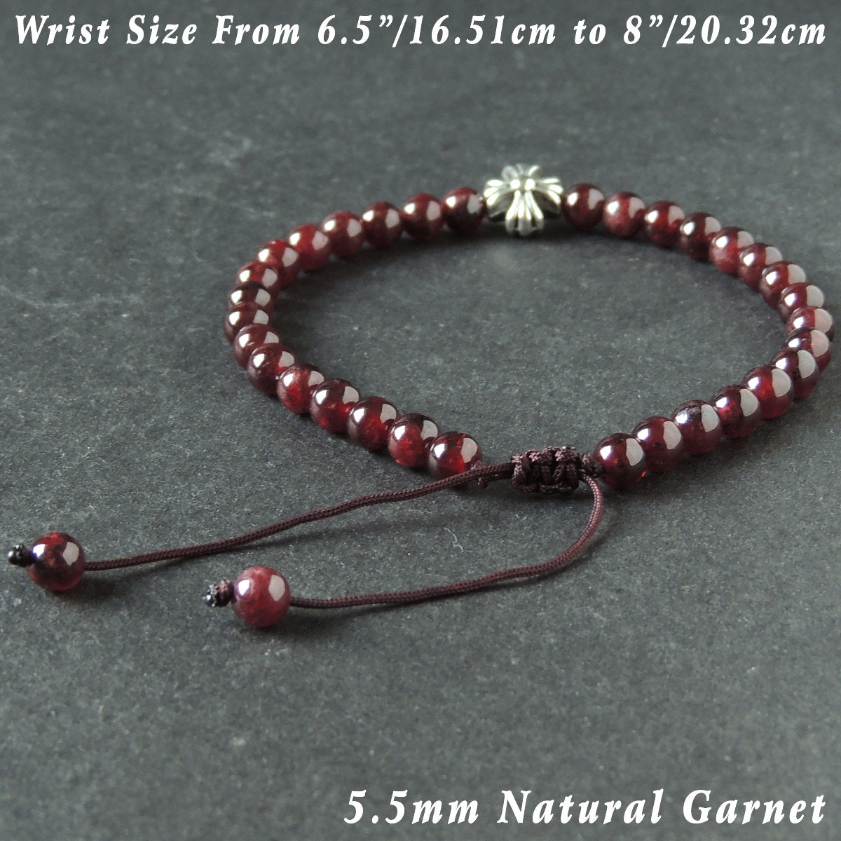 5.5mm Garnet Gemstone Adjustable Braided Bracelet with Tibetan Silver Cross Bead - Handmade by Gem & Silver TSB290