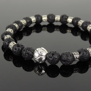 8mm Lava Rock Healing Stone Bracelet with Tibetan Silver Lotus Bead & OM Meditation Spacer Beads - Handmade by Gem & Silver TSB296