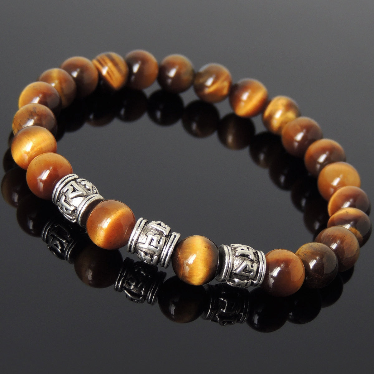 8mm Brown Tiger Eye Healing Gemstone Bracelet with Tibetan Silver OM Meditation Cylinder Beads - Handmade by Gem & Silver TSB298