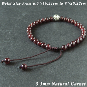 5.5mm Grade AAA Garnet Adjustable Braided Bracelet with Tibetan Silver Round Floral Pattern Bead - Handmade by Gem & Silver TSB291
