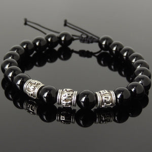 Bright Black Onyx Adjustable Braided Bracelet with Tibetan Silver OM Buddhism Beads - Handmade by Gem & Silver TSB341