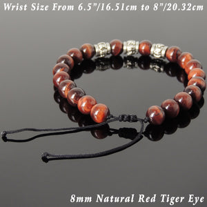 8mm Red Tiger Eye Gemstone Adjustable Braided Bracelet with Tibetan Silver OM Buddhism Beads - Handmade by Gem & Silver TSB342