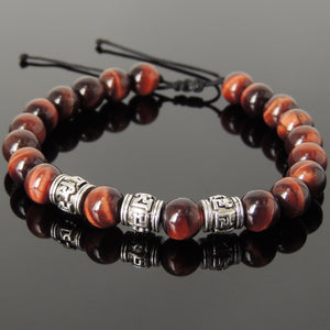 8mm Red Tiger Eye Gemstone Adjustable Braided Bracelet with Tibetan Silver OM Buddhism Beads - Handmade by Gem & Silver TSB342
