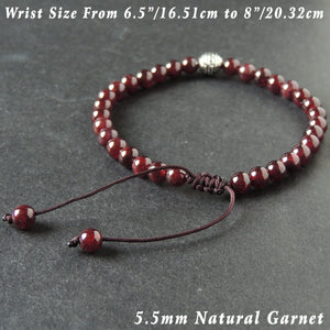 5.5mm Grade AAA Garnet Adjustable Braided Bracelet with S925 Sterling Silver Round Textured Bead - Handmade by Gem & Silver BR1016
