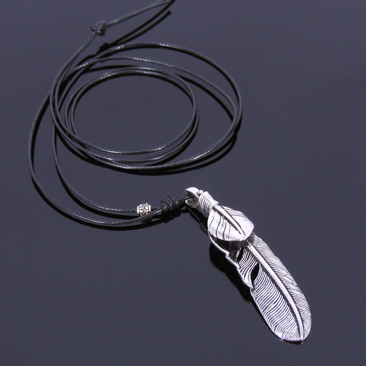 Adjustable Wax Rope Necklace with S925 Sterling Silver Barrel Bead & 3D Feather Pendant - Handmade by Gem & Silver NK051