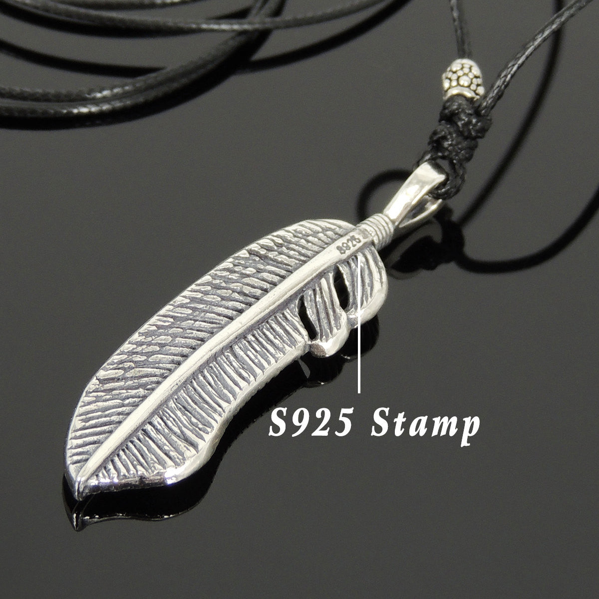 Adjustable Wax Rope Necklace with S925 Sterling Silver Celtic Feather Pendant - Handmade by Gem & Silver NK172