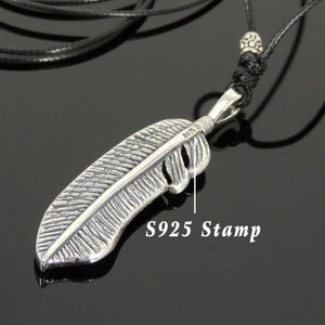 Adjustable Wax Rope Necklace with S925 Sterling Silver Celtic Feather Pendant - Handmade by Gem & Silver NK172
