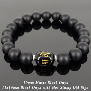Black Onyx Healing Gemstone Bracelet with Gold Hot Stamped OM Meditation Mantra & S925 Sterling Silver Spacers - Handmade by Gem & Silver BR1026