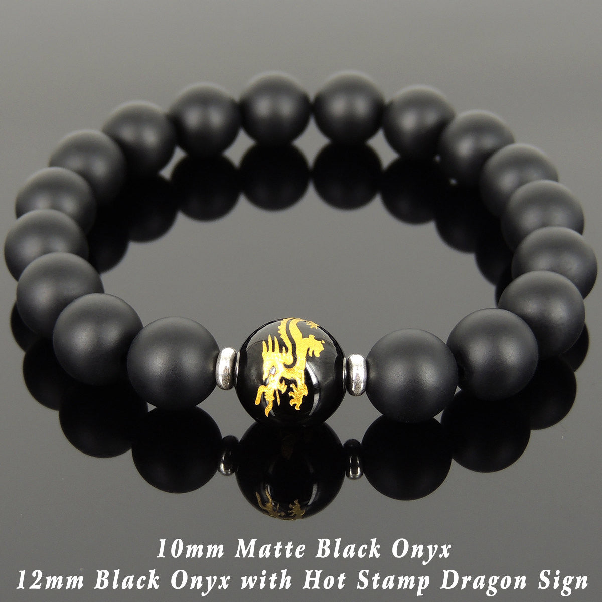 Black Onyx Healing Gemstone Bracelet with Gold Hot Stamped Dragon & Cloud & S925 Sterling Silver Spacers - Handmade by Gem & Silver BR1027