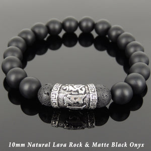 10mm Matte Black Onyx & Lava Rock Healing Gemstone Bracelet with S925 Sterling Silver OM Meditation Charm - Handmade by Gem & Silver BR1028