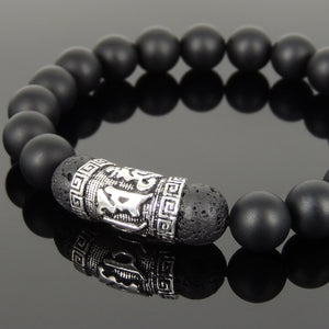 10mm Matte Black Onyx & Lava Rock Healing Gemstone Bracelet with S925 Sterling Silver OM Meditation Charm - Handmade by Gem & Silver BR1028