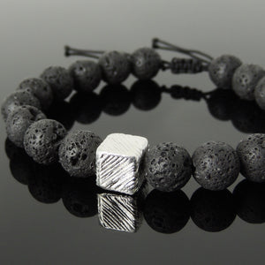 10mm Lava Rock Stone Adjustable Braided Bracelet with S925 Sterling Silver Textured Cube Bead - Handmade by Gem & Silver BR1053