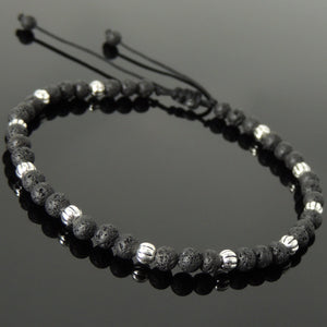 4mm Lava Rock Adjustable Braided Healing Bracelet with S925 Sterling Silver Artisan Beads - Handmade by Gem & Silver BR1055