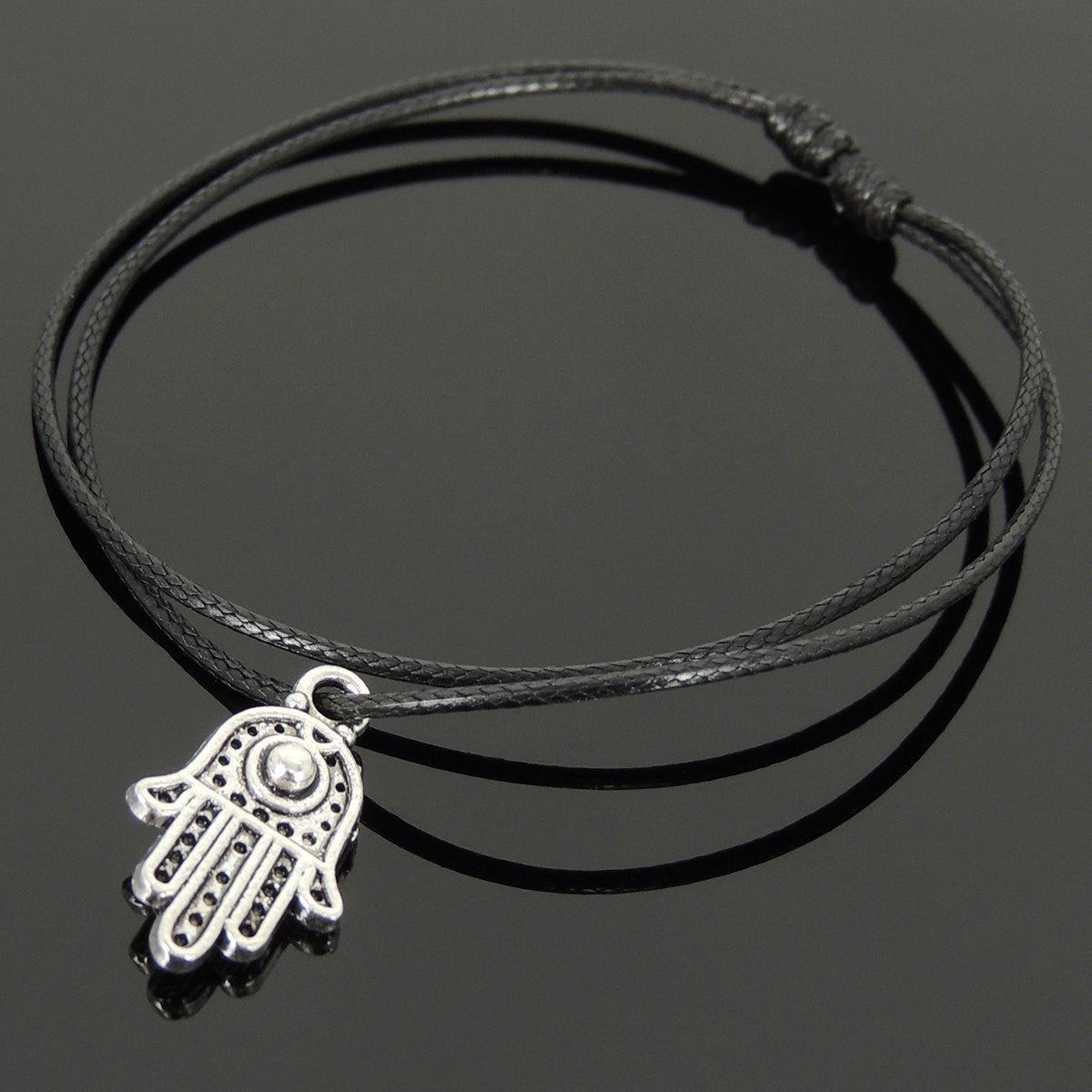 Adjustable Wax Rope Bracelet with Tibetan Silver Hamsa Hand Pendant - Handmade by Gem & Silver TSB301