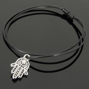 Adjustable Wax Rope Bracelet with Tibetan Silver Hamsa Hand Pendant - Handmade by Gem & Silver TSB301