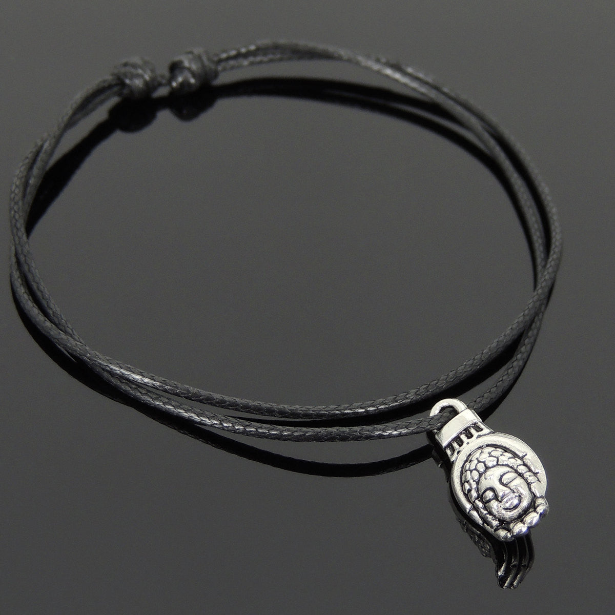 Adjustable Wax Rope Bracelet with Tibetan Silver Palm Cradling Buddha Pendant - Handmade by Gem & Silver TSB302