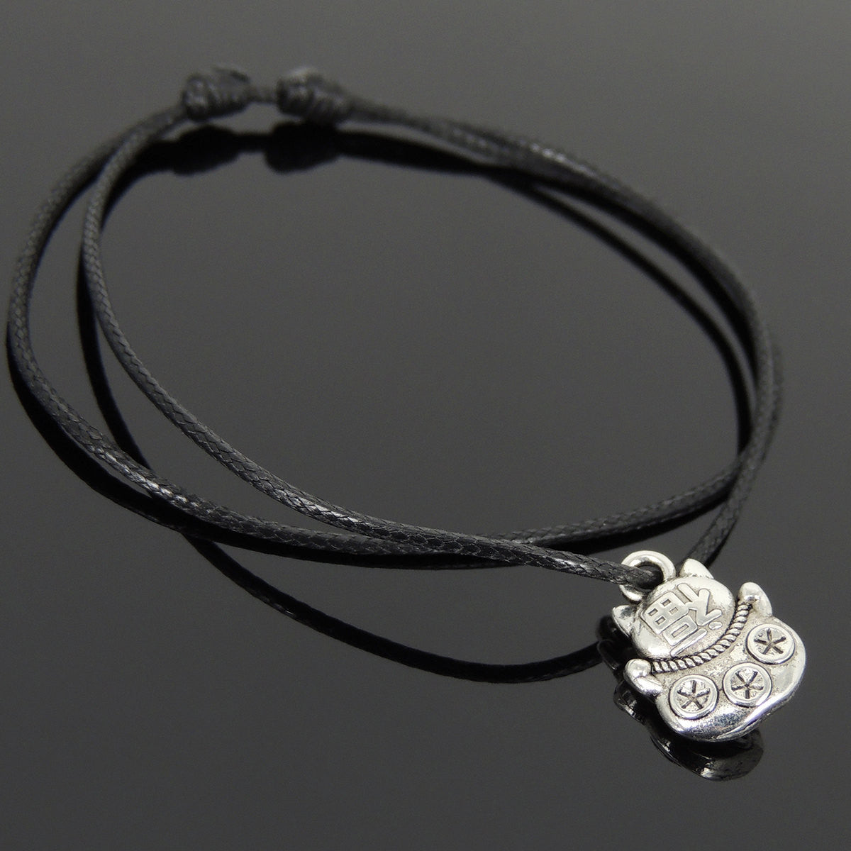 Adjustable Wax Rope Bracelet with Tibetan Silver Maneki Neko Lucky Cat Pendant - Handmade by Gem & Silver TSB303