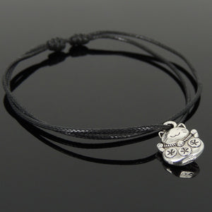 Adjustable Wax Rope Bracelet with Tibetan Silver Maneki Neko Lucky Cat Pendant - Handmade by Gem & Silver TSB303