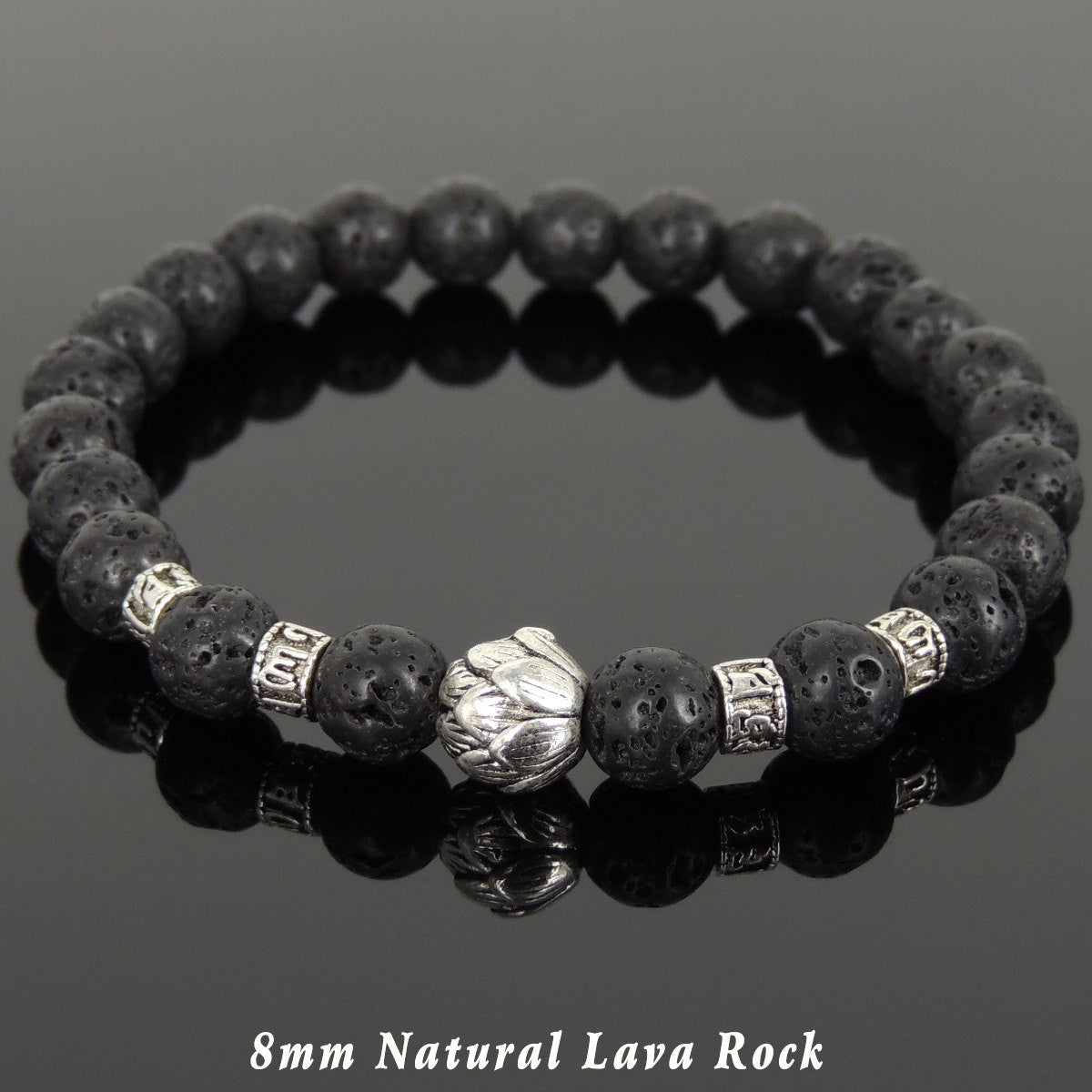 8mm Lava Rock Healing Stone Bracelet with Tibetan Silver Lotus Bead & OM Meditation Spacer Beads - Handmade by Gem & Silver TSB305