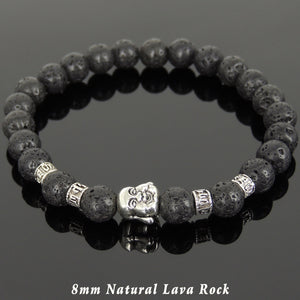8mm Lava Rock Healing Stone Bracelet with Tibetan Silver Happy Buddha & OM Meditation Spacer Beads - Handmade by Gem & Silver TSB306