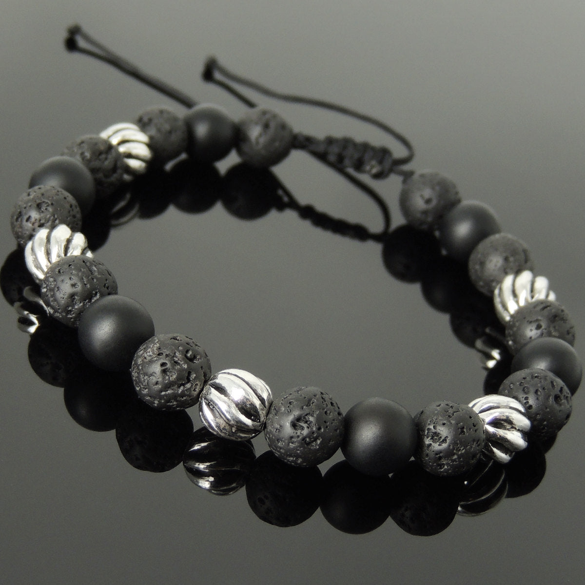 8mm Matte Black Onyx & Lava Rock Adjustable Stone Braided Bracelet with S925 Sterling Silver Artisan Beads - Handmade by Gem & Silver BR1058