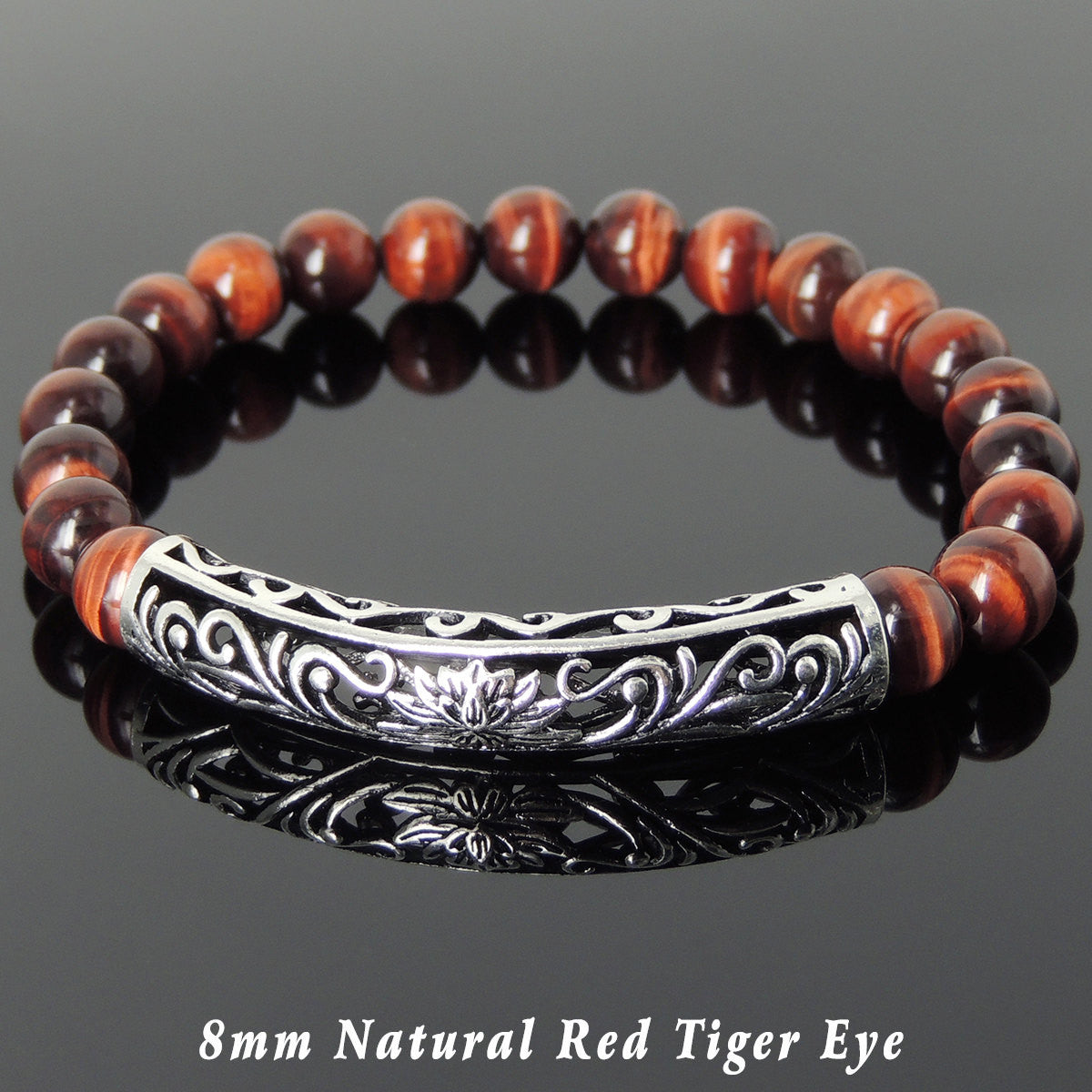8mm Red Tiger Eye Healing Gemstone Bracelet with S925 Sterling Silver Lotus Charm - Handmade by Gem & Silver BR1032