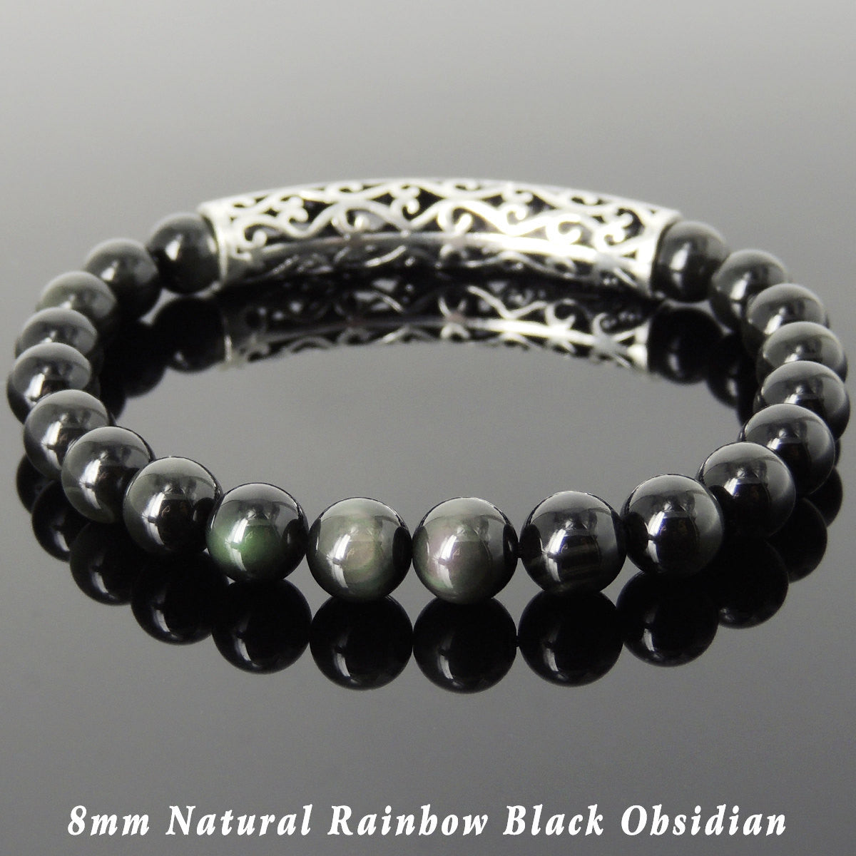 8mm Rainbow Black Obsidian Healing Gemstone Bracelet with S925 Sterling Silver Lotus Charm - Handmade by Gem & Silver BR1033
