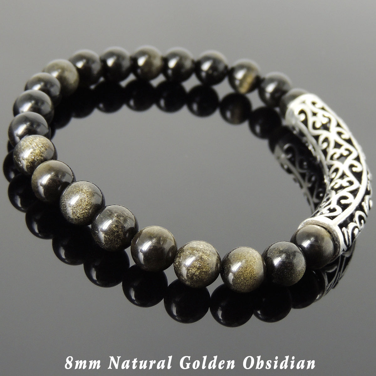 8mm Golden Obsidian Healing Gemstone Bracelet with S925 Sterling Silver Lotus Charm - Handmade by Gem & Silver BR1034
