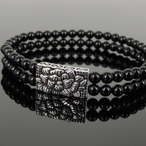 4mm Bright Black Onyx Healing Gemstone Double Wrap Bracelet with S925 Sterling Silver Vintage Lotus Charm - Handmade by Gem & Silver BR864
