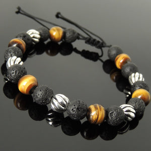 8mm Brown Tiger Eye & Lava Rock Stone Adjustable Braided Bracelet with S925 Sterling Silver Artisan Beads - Handmade by Gem & Silver BR1059