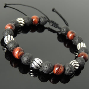 8mm Red Tiger Eye & Lava Rock Stone Adjustable Braided Bracelet with S925 Sterling Silver Artisan Beads - Handmade by Gem & Silver BR1060