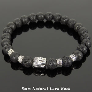 Lava Rock Healing Stone Bracelet with Tibetan Silver Sakyamuni Buddha & OM Meditation Spacer Beads - Handmade by Gem & Silver TSB307