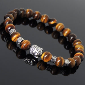 Brown Tiger Eye Healing Gemstone Bracelet with Tibetan Silver Guanyin Buddha & OM Meditation Spacer Beads - Handmade by Gem & Silver TSB312